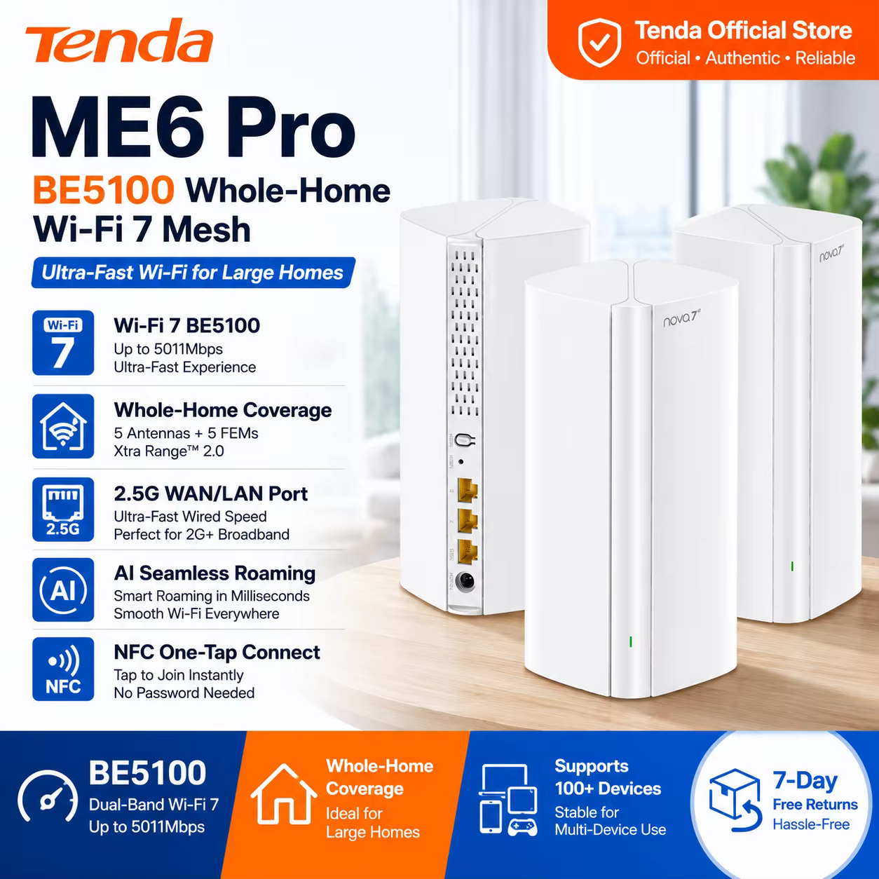 Tenda BE5100 Wi-Fi 7 Dual-Band Mesh Router with 2.5G Ethernet Port for High-Speed Home Networking
