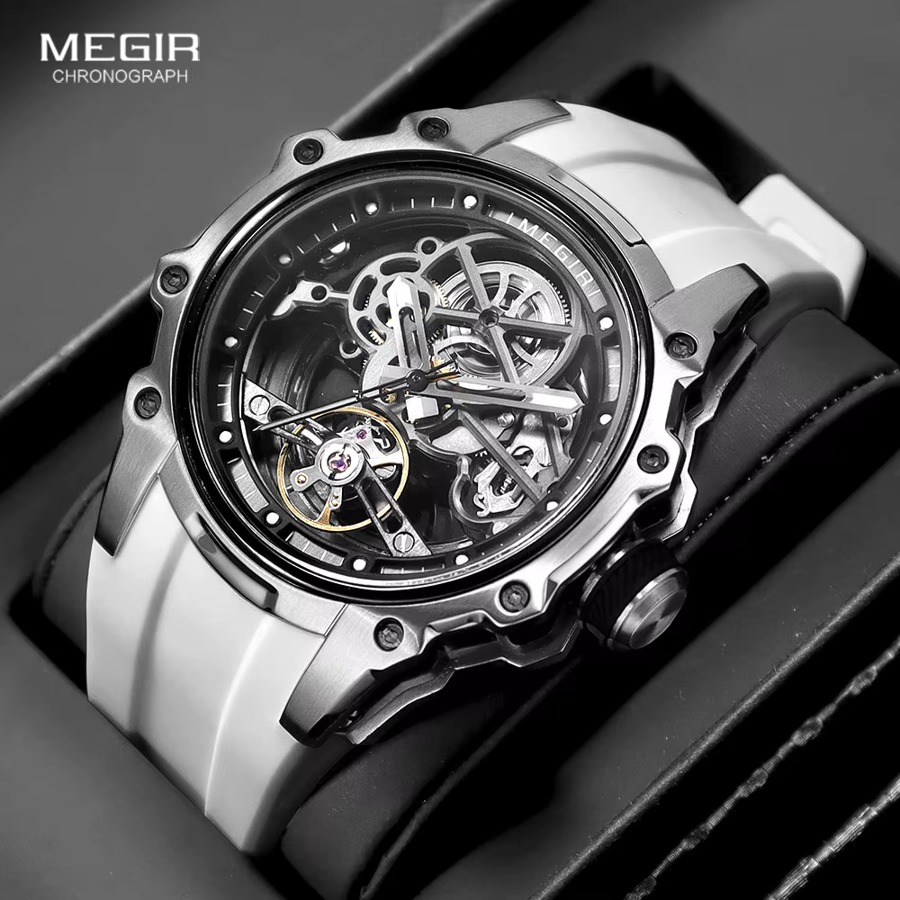 MEGIR Skeleton Dial Automatic Mechanical Waterproof Men's Watch with Silicone Strap